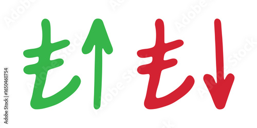 Hand drawn turkish lira currency symbol Growth and fall profit with arrow up and down Brush stroke doodle Element for design