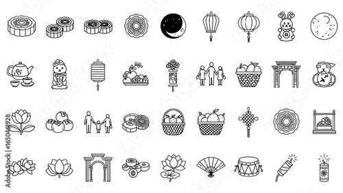 Autumn Festival Icon Set Mooncakes Lanterns Full Moon Jade Rabbit Vector Illustration
