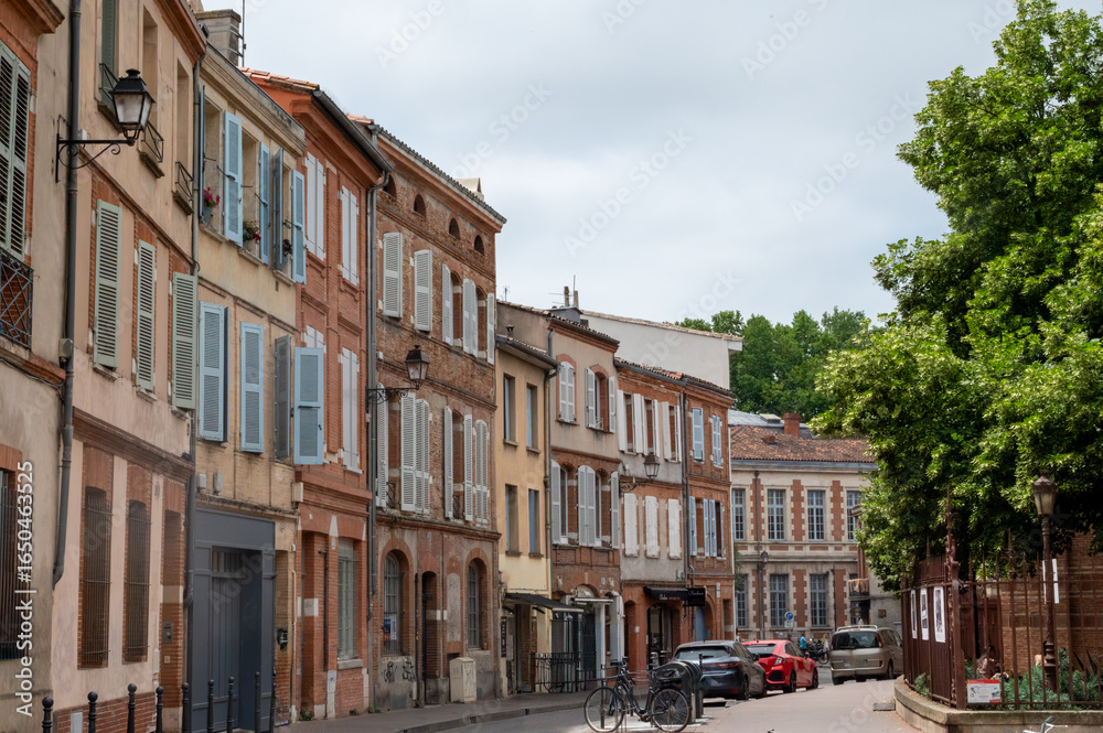 Fototapeta premium Views of Toulouse, city in southern France, Haute-Garonne department, Occitania region, centre of European aerospace industry with pink red bricks houses, travel destination