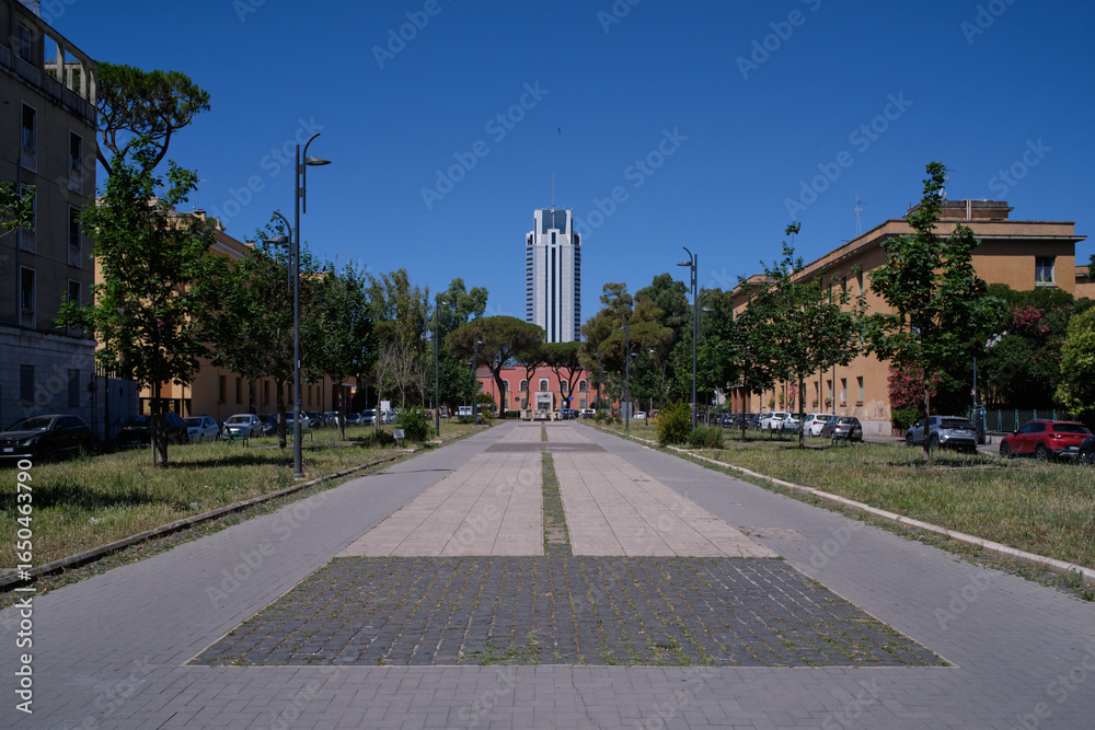 Naklejka premium Piazza Viale Italia and the Torre Pontina skyscraper in Latina, Italy