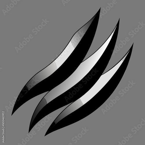 Three sharp black and white claws on a gray background