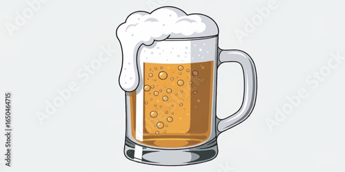 High-quality vector illustration of a frothy beer mug filled with golden beer and bubbles