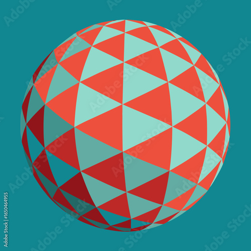 Geometric sphere with red and teal triangles on teal background