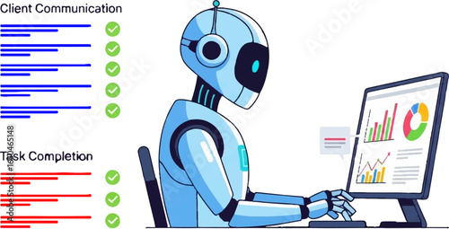 AI robot working on computer with data analysis and task automation