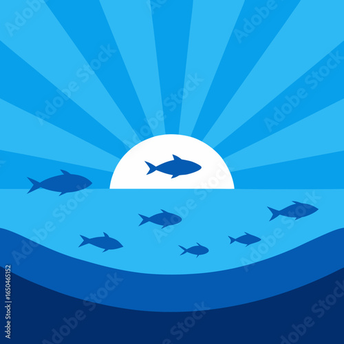 Silhouettes of fish swimming in the ocean under a rising sun