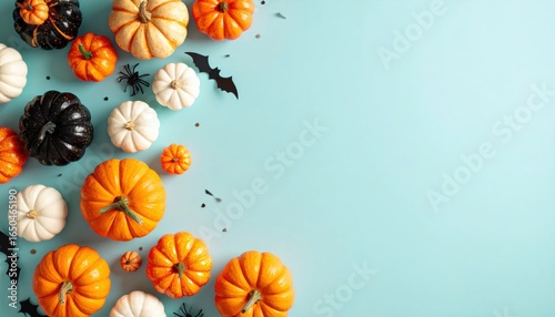 Fall harvest celebration with colorful pumpkins and bats against a blue background seasonal decor indoor setting autumn vibes