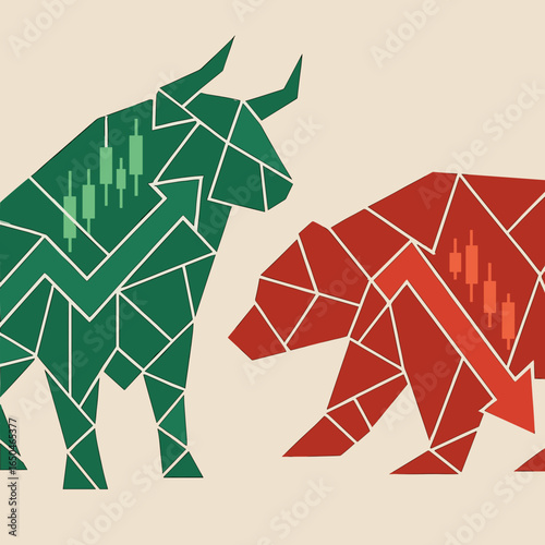 Bull and bear market symbols representing stock market trends, concept for investment and trading