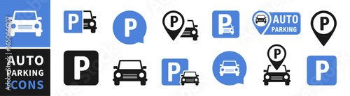 Parking icon set. Parking and traffic signs isolated on white background. Parking and car road sign and pin marker icon. Car parking icon. Vector illustration.