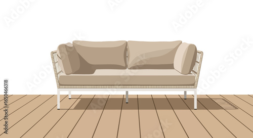 Simple flat vector illustration of a modern rattan outdoor sofa with beige cushions, placed on a wooden deck