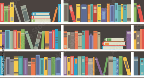 Flat illustration of a bookshelf filled with neatly arranged colorful books