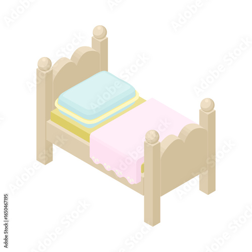 Doll house bed - hand drawn isometric vector illustration.