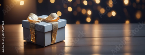 Grey gift box on blured bokeh background