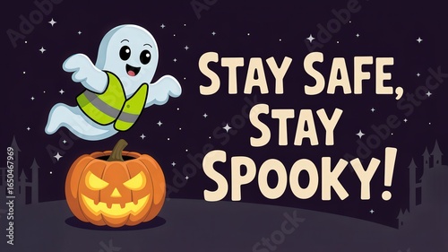 Charming cartoon ghost in a safety vest encouraging fun and spooky vibes during Halloween festivities. Halloween Safety Month