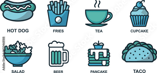 A vibrant collection of popular fast food and drink icons, presented in a clean, modern style.