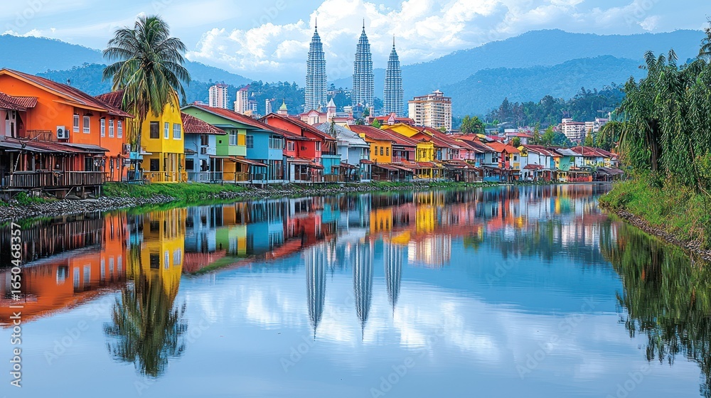 Obraz premium Vibrant Waterfront Houses Mirrored in Serene Lake, with Majestic Twin Towers in Background