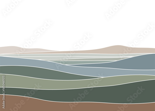 Abstract layered landscape in muted earth tones. Modern design with wavy shapes and thin white lines.