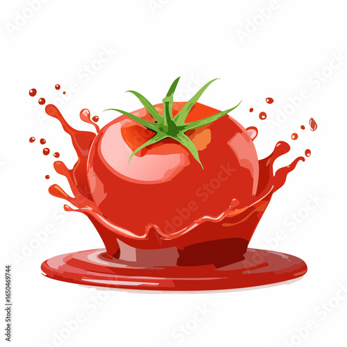 fresh red tomato splashing into tomato ketchup sauce isolated on white