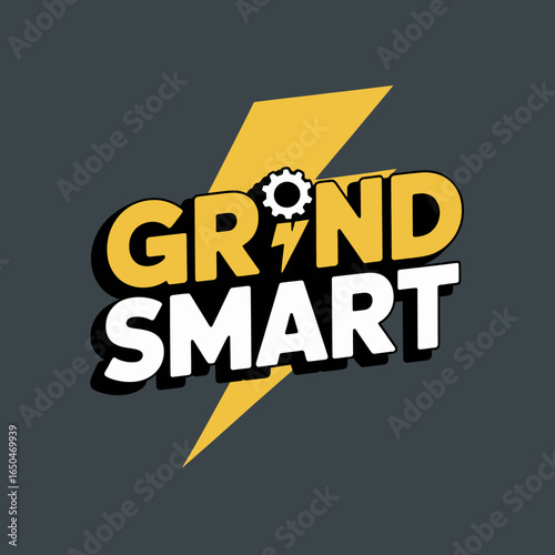 Energetic motivational phrase grind smart with a stylized lightning bolt and gear symbol representing power and efficiency in a modern graphic