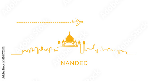 Nanded skyline with airplane, minimal, and travel vector.
