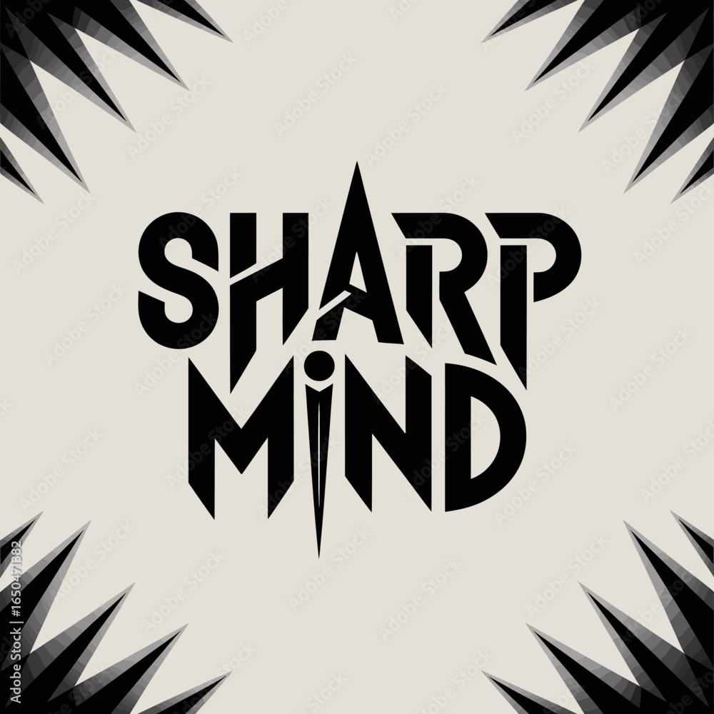 Obraz premium Sharp mind typography featuring a stylized arrow integrated into the letter a symbolizing focus intelligence and mental acuity against a neutral background with jagged edges
