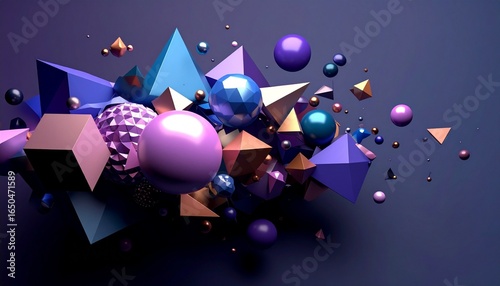 Abstract 3D geometric shapes floating outward, colorful spheres cubes pyramids, dynamic energetic design