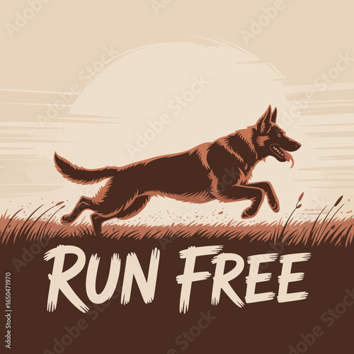 Majestic german shepherd dog in full gallop across a grassy field under a softly glowing sun with the inspiring phrase run free