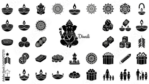 Diwali Celebration Icon Set Diya Lamps Ganesh Rangoli Vector Illustration
