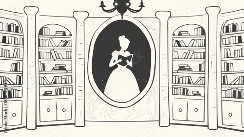 Silhouette of a woman reading in a frame between bookshelves with a chandelier above the frame image