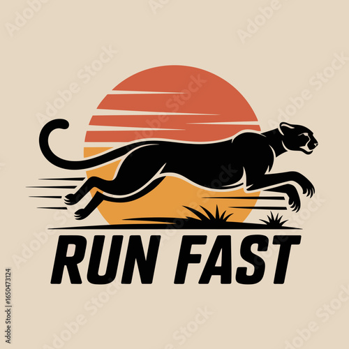 Dynamic illustration of a powerful black panther in full stride against a vibrant sunset conveying speed and strength with the bold text run fast