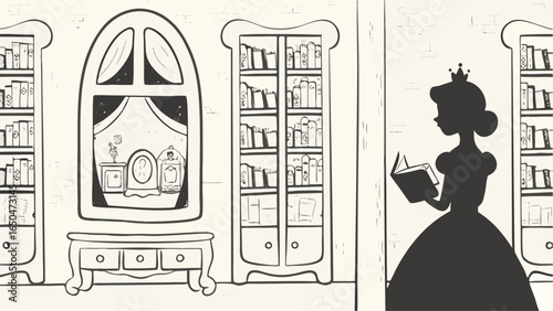 Silhouette of a princess reading a book in a room with a window and two bookshelves design art
