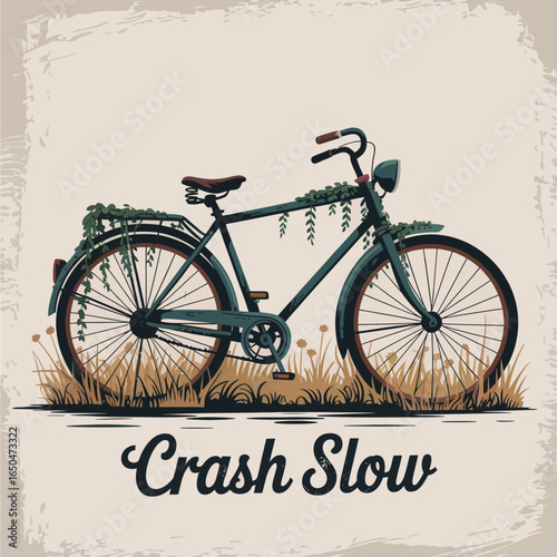 Vintage bicycle with a basket and greenery on a textured background with the words crash slow in a retro font