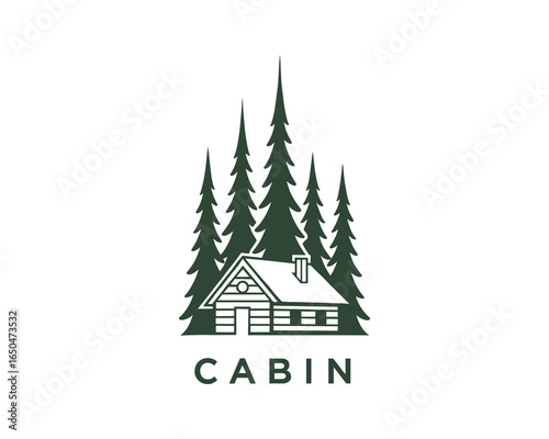 Cabin in woods icon. Simple line art illustration of a cabin with forest trees and evergreens.