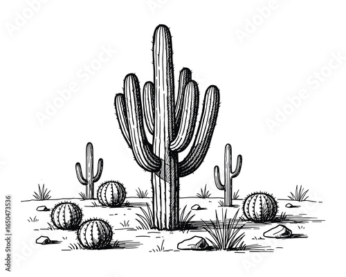 Black and white drawing of a desert landscape with saguaro and barrel cacti, desert scene, vector illustration.