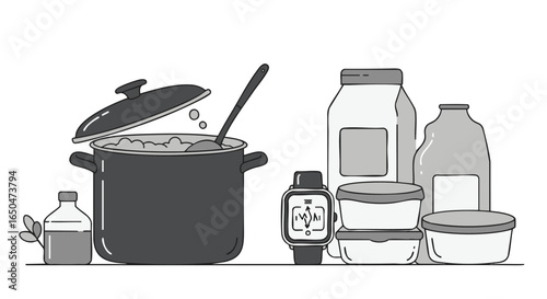 Minimalist line art illustration of home cooking essentials and meal preparation with a pot, containers, and a smartwatch timer on a kitchen counter