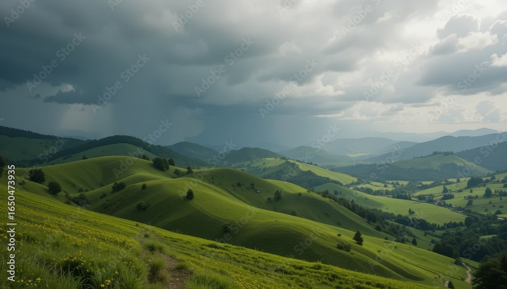 Fototapeta premium Before a light summer rain, rolling green hills are seen beneath a dramatic cloudy sky.
