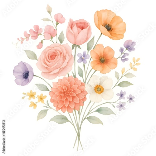 Watercolor floral bouquet illustration featuring roses, dahlias, poppies, anemones, and delicate blossoms in pink, orange, purple, yellow, and white tones with green leaves on white background