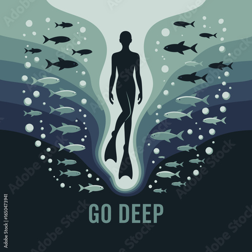 Silhouette of a free diver swimming through a school of fish in the deep ocean with the words go deep