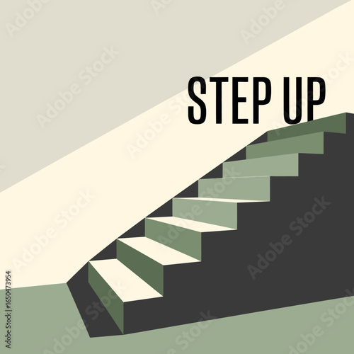 Modern abstract illustration of a staircase with the text step up symbolizing progress ambition and upward movement in a clean minimalist design