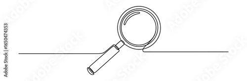 A simple single line drawing of a magnifying glass on horizontal line. Minimalist vector art.
