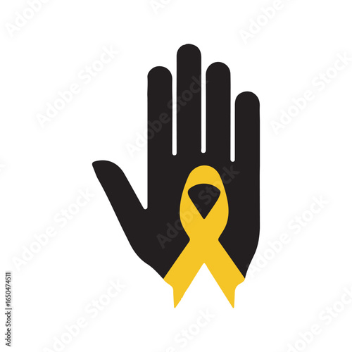  Black hand silhouette gesturing stop sign, yellow ribbon highlighting suicide prevention awareness