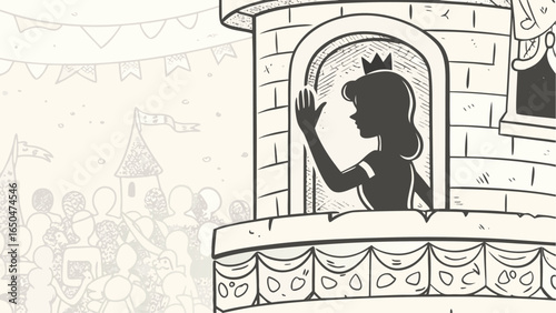 Princess waving from a castle tower overlooking a crowd with banners and flags in a monochrome setting