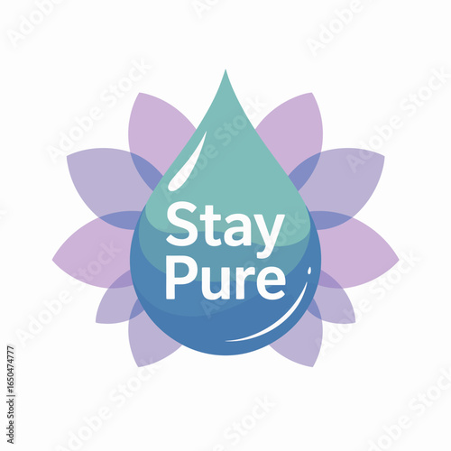 A stylized droplet of water with the words stay pure inside set against a soft gradient of purple lotus petals symbolizing purity and tranquility