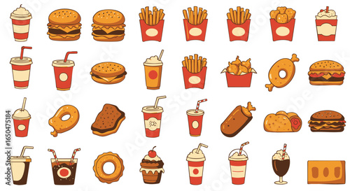 Delicious Fast Food Icons Burgers, Fries, Drinks, and More for Menu Design or Advertisements