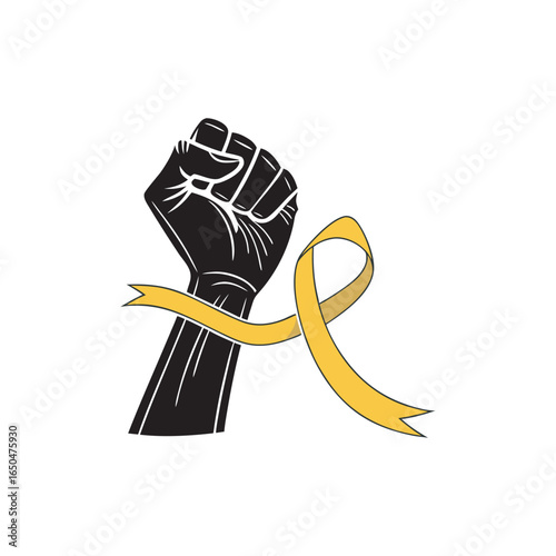  Black hand silhouette gesturing stop sign, yellow ribbon highlighting suicide prevention awareness
