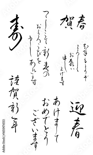 筆ペンで手書きした年賀状向けの和風筆文字セット。「寿」「賀春」「迎春」「謹賀新年」などの定番の挨拶から、「あけましておめでとうございます」「本年もどうぞよろしくお願いします」「つつしみて新春のおよろこびを申し上げます」などの丁寧な文章まで、幅広く収録。墨の風合いを活かしたベクター形式で、年賀状や和風デザインに最適です。