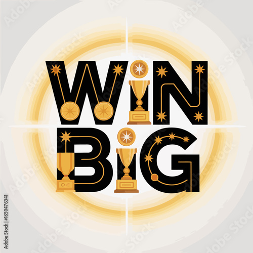 Bold black text win big decorated with golden trophies coins and stars set against a bright glowing circular background symbolizing success and achievement in a competition or game
