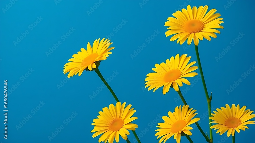 Fototapeta premium Vibrant yellow gerbera daisies in an artistic composition against a deep blue background with minimal negative space.