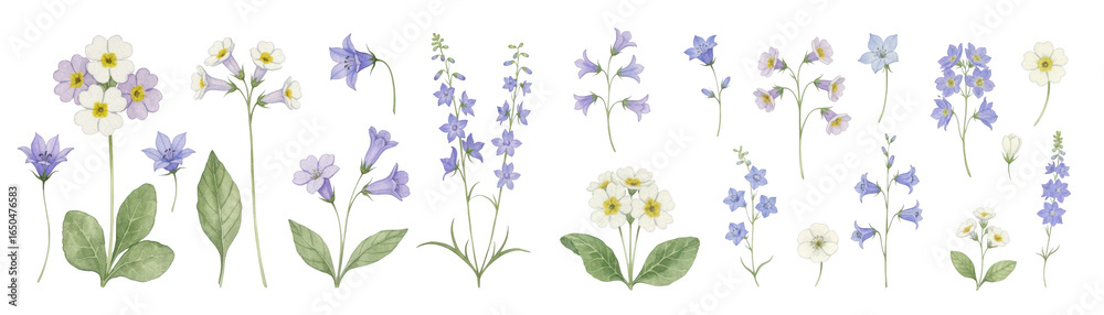 Fototapeta premium A beautiful collection of hand-painted blue and white flowers showcasing their delicate features.