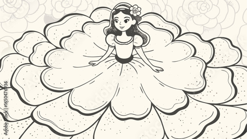 Illustration of a girl with flower in her hair wearing a flower dress on a floral background design
