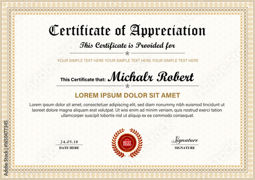 Luxury Golden Certificate Diploma of completion design template, white background with Frame, Border, light Guilloche pattern